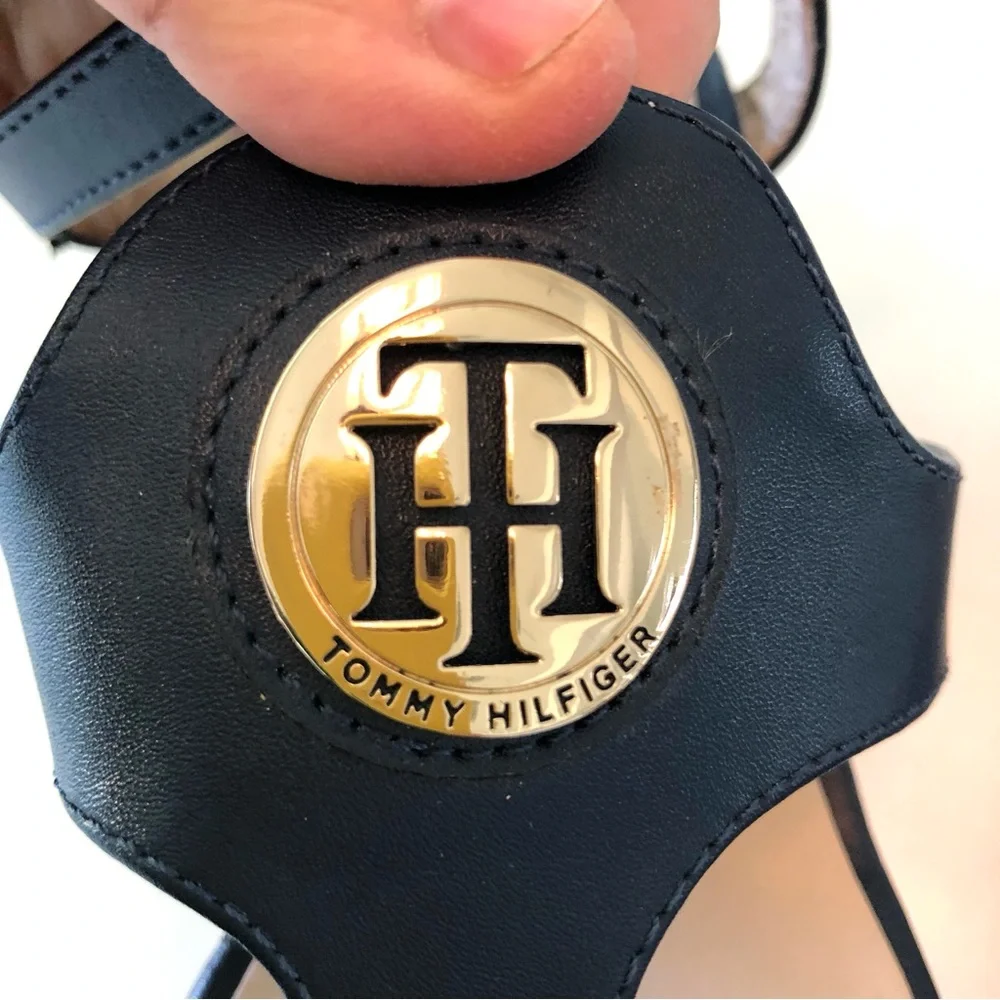 Tommy Hilfiger Navy Blue Platform Wedge Sandals Womens 7 Ankle Strap Preppy